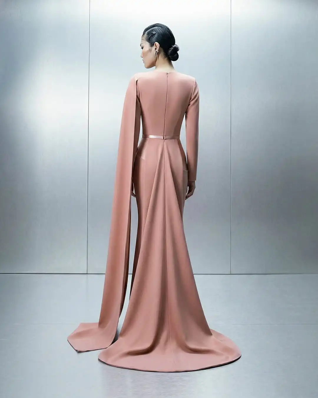 Elegant Blush Pink Satin Gown with Draped Cape Sleeves, Belted Waist & Flowy Floor-Length Silhouette – Lili's Couture Collection image 3