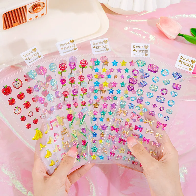 Glitter Laser 3D Stickers Flower Fruit Heart Star Bow Knot Kids Girls Makeup Face Sticky Earring Bottle Phone Decoration Sticker