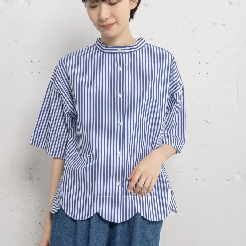 

Sweet And Slimming Japanese Style Short Sleeve Shirt Stand Collar Ruffle Hem Cotton Casual Fashion Women's Top New Arrival