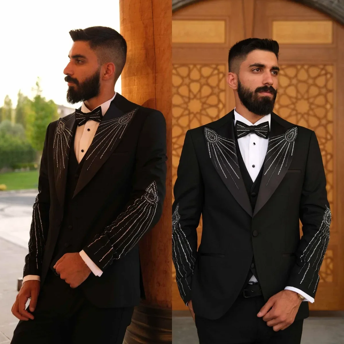 Luxury Wedding Tuxedos Beaded 2 Piece Slim Fit Men Suit Design Peaked Lapel Jacket Pants For Evening Groom Blazers Customized