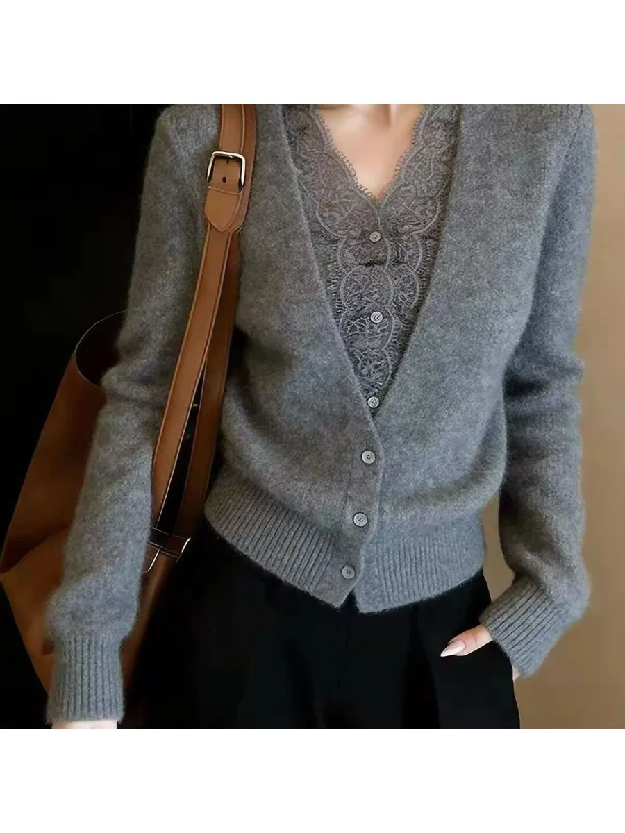 Gray Lace Trim Knitted Open Cardigan Women's Autumn Winter New Style Elegant Ageless Versatile Unique Top French Style Polyes...