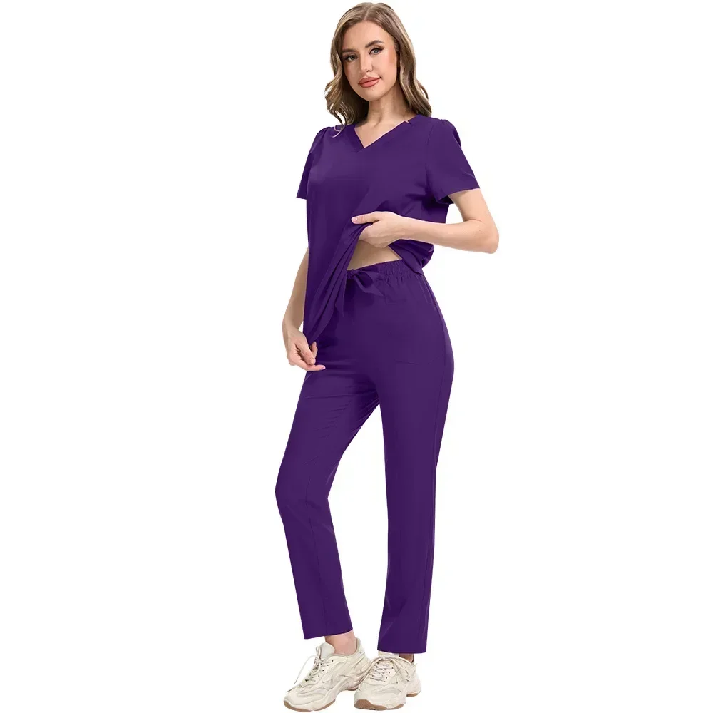 Women's Nursing Uniform Beauty Salon Loose and Comfortable V-Neck Solid Color Summer Thin Two-piece Set