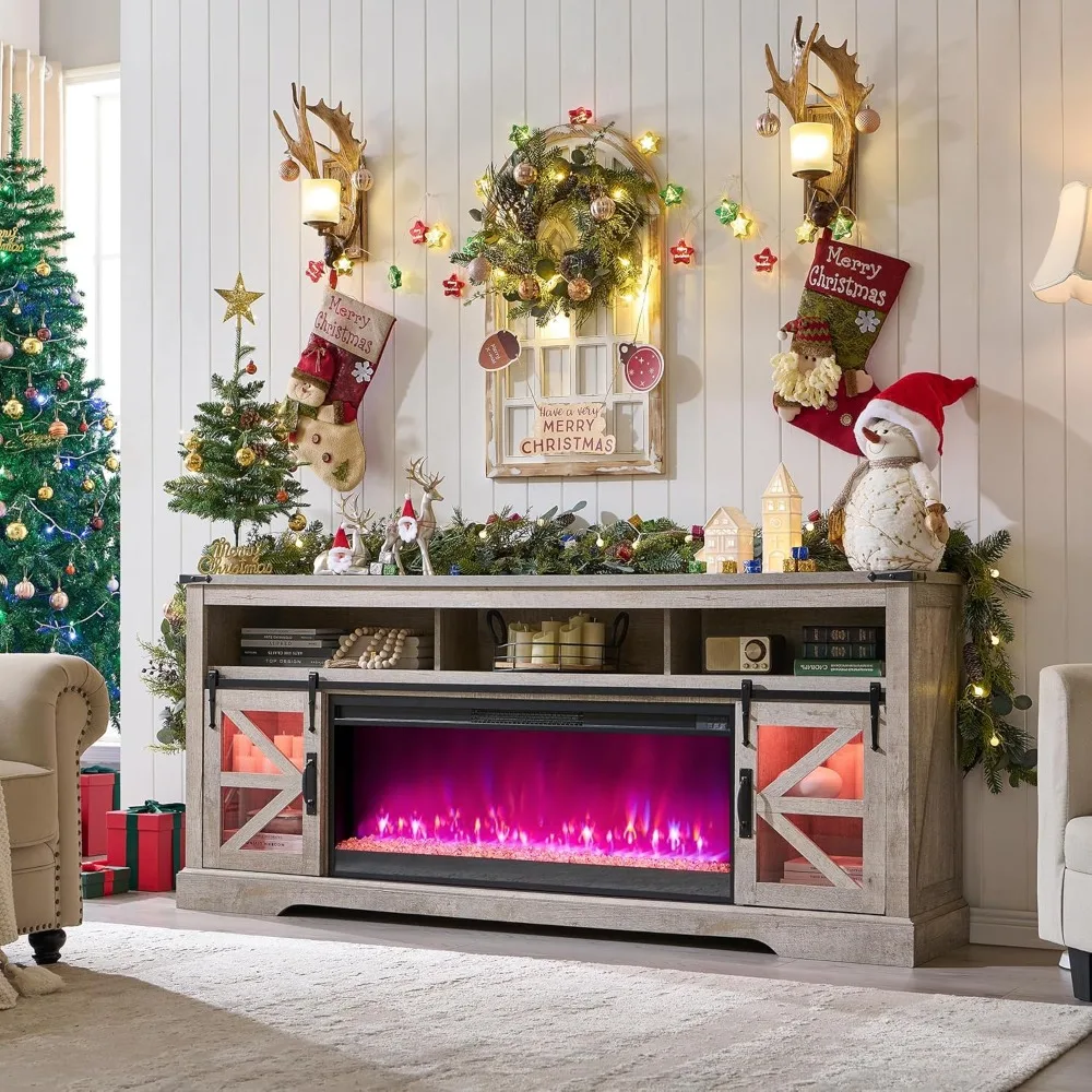 

75" Fireplace TV Stand for 85" TV, 33" Tall Highboy Farmhouse Entertainment Center w/ 42'' Electric Fireplace, LED Light, Ru
