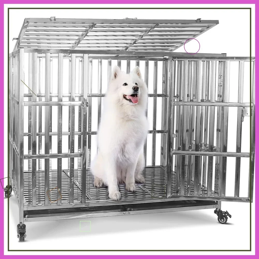 

42-дюймовый сверхпрочный вольер из нержавеющей стали для крупных собак, неразрушимый вольер с блокирующимися колесами и двойной дверью