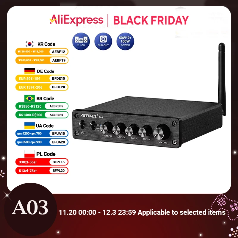 AIYIMA TPA3116 Loa Siêu Trầm Ampli Bluetooth HiFi TPA3116D2 2.1 Âm Thanh Kỹ Thuật Số Bộ Khuếch Đại Công Suất 50Wx2 + 100W Âm Thanh Amplificador A03
