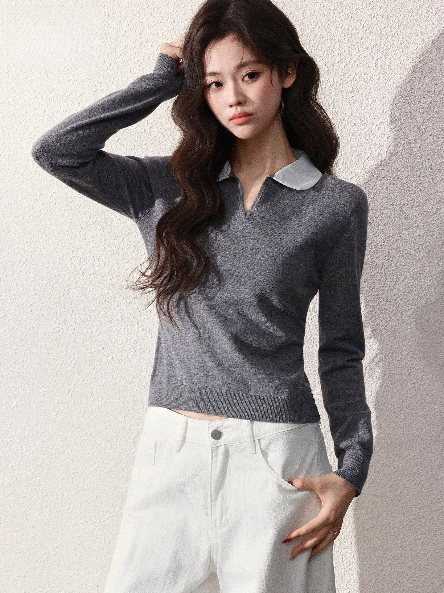 

Floral Grey Long Sleeve Knitted Shirt Women's Slim Fit Base Layer Top Casual Style Polyester Acrylic Modal Nylon Blend