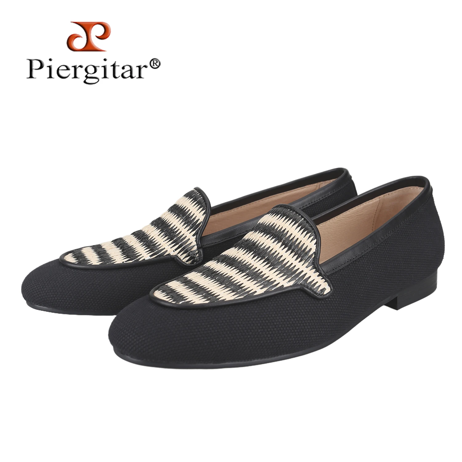 Piergitar Resort Style Handmade Color-Blocking Woven Patchwork Canvas Men Slip-On Loafers Modern Gentleman's Casual Footwear