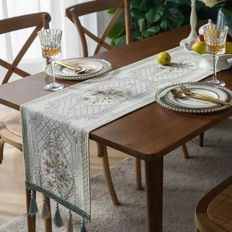 

Chenille Tassel Table Runner Jacquard Dustproof&Home Decor Dining Tabletop Cover Cofffee Party Color-Block Knitted Tablecloths