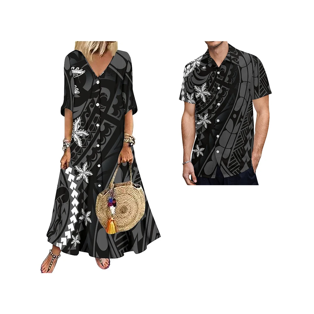 

New Arrival Half Sleeve Shirts Button Dress Custom Tapa Tonga Tribal Printed Women's Clothing Match Mens Shirt