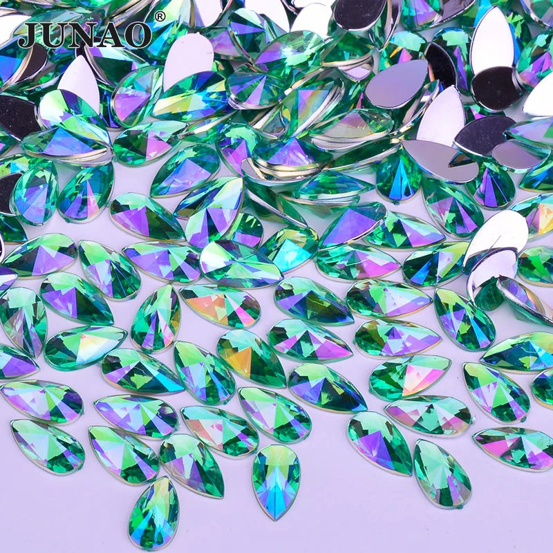 JUNAO 8*13mm 9*18mm Mix Color AB Crystals Drop Rhinestones Flatabck Acrylic Stones Non Hotfix Strass For Dress Crafts