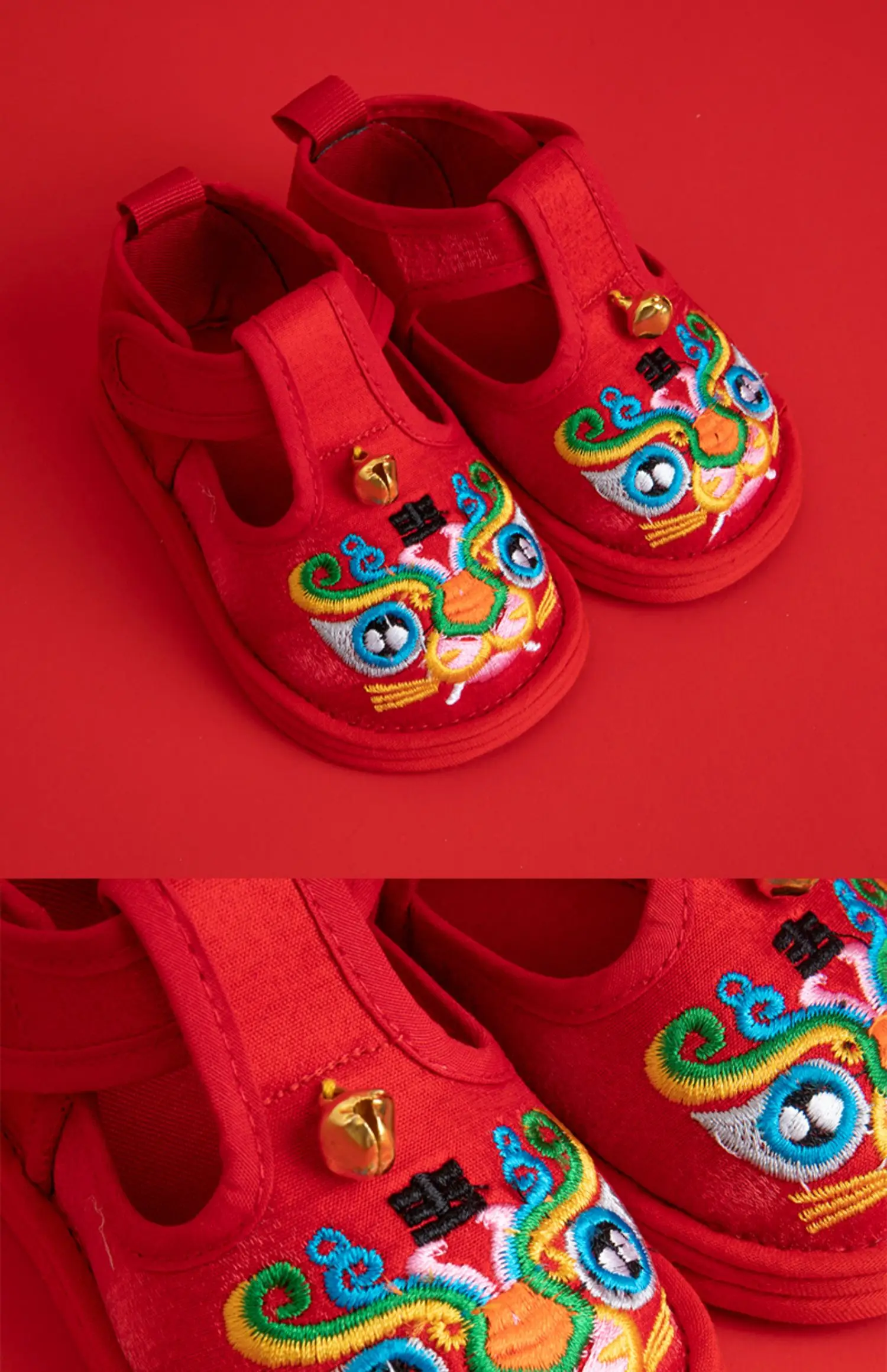 Zapatos con campana bordada para bebé, zapatos con cabeza de Tigre, traje Tang de todo el año, Zhuazhou, zapatos de fondo suave para niños pequeños