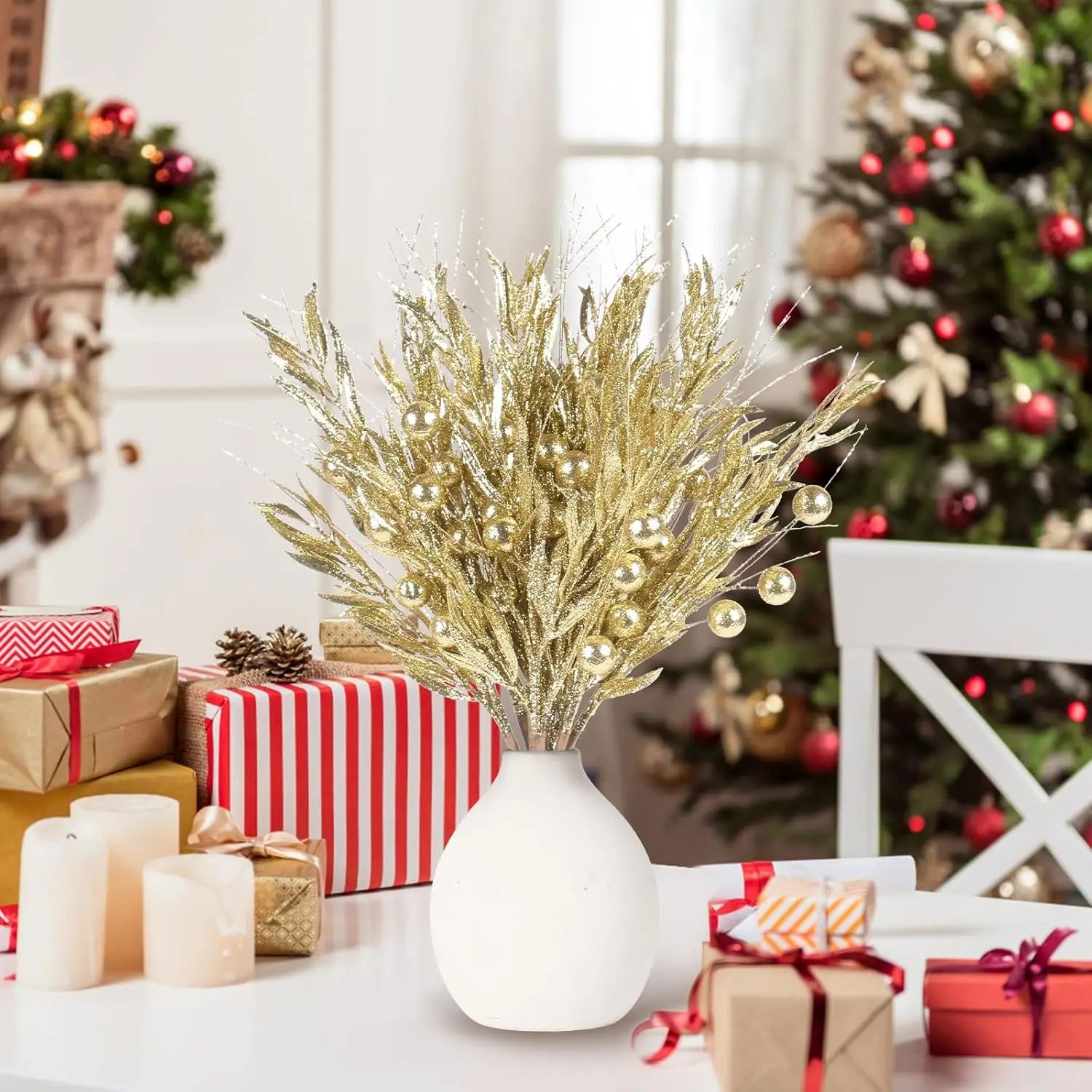 10PCS Gold Christmas Tree Decorations, Artificial Glitter Berry Branches for Tree, Vase Filler, Holiday Home Decor