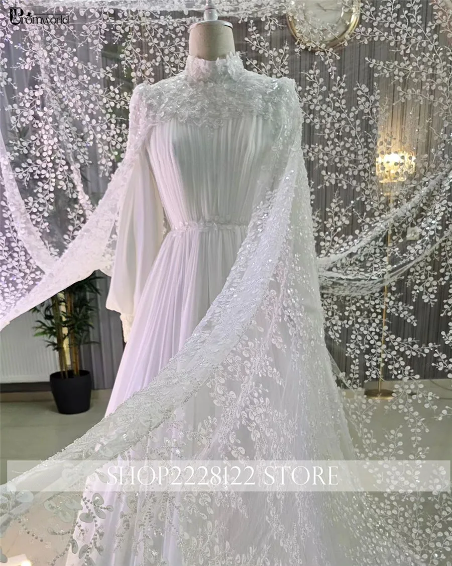 Dubai Abito Da Sposa di lusso musulmano che borda abiti Da Sposa a maniche lunghe pieghettati in Chiffon con scollo alto a trapezio in pizzo a trapezio