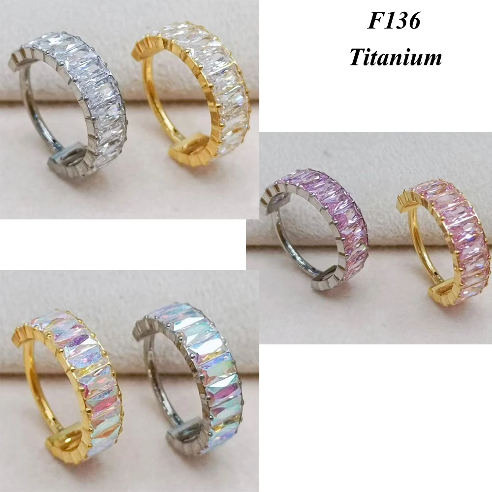 

6pcs Candy Hoop Earring Clear Pink AB Zircon F136 Titanium 8mm 10mm 12mm High Quality Women Jewelry