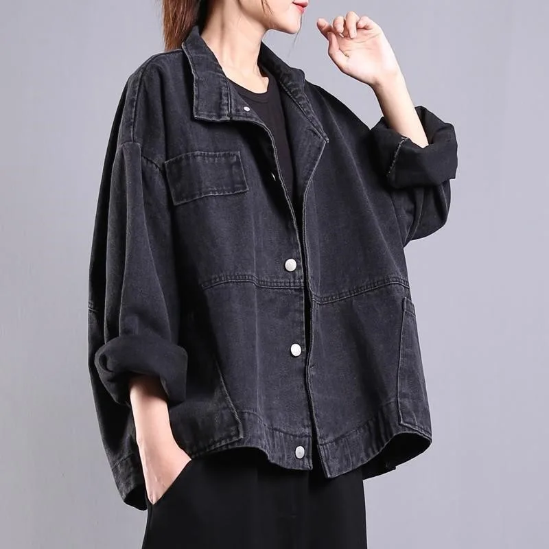 سترة دينم لخريف 2025 سترة نسائية فضفاضة كبيرة الحجم أدبية ورجعية من قماش الدنيم القديم بأكمام طويلة سترة قصيرة BF #3