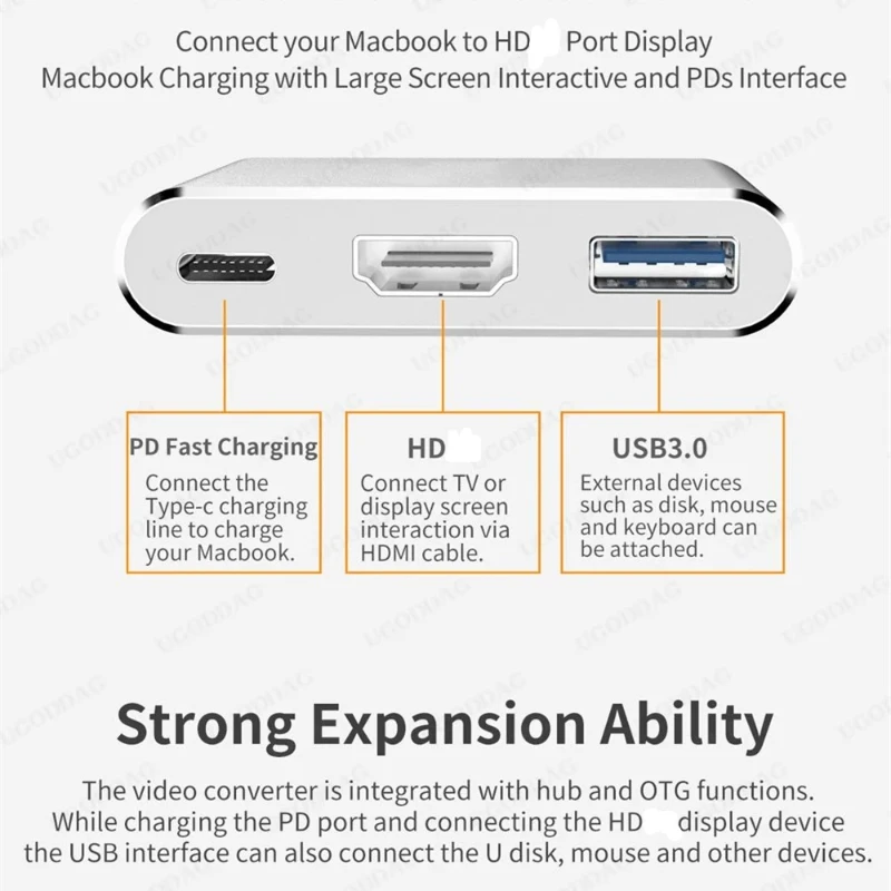 HUB USB C vers répartiteur compatible HDMI USB-C 3 en 1 4K HDTV USB 3.0 PD charge rapide adaptateur intelligent pour MacPleDell