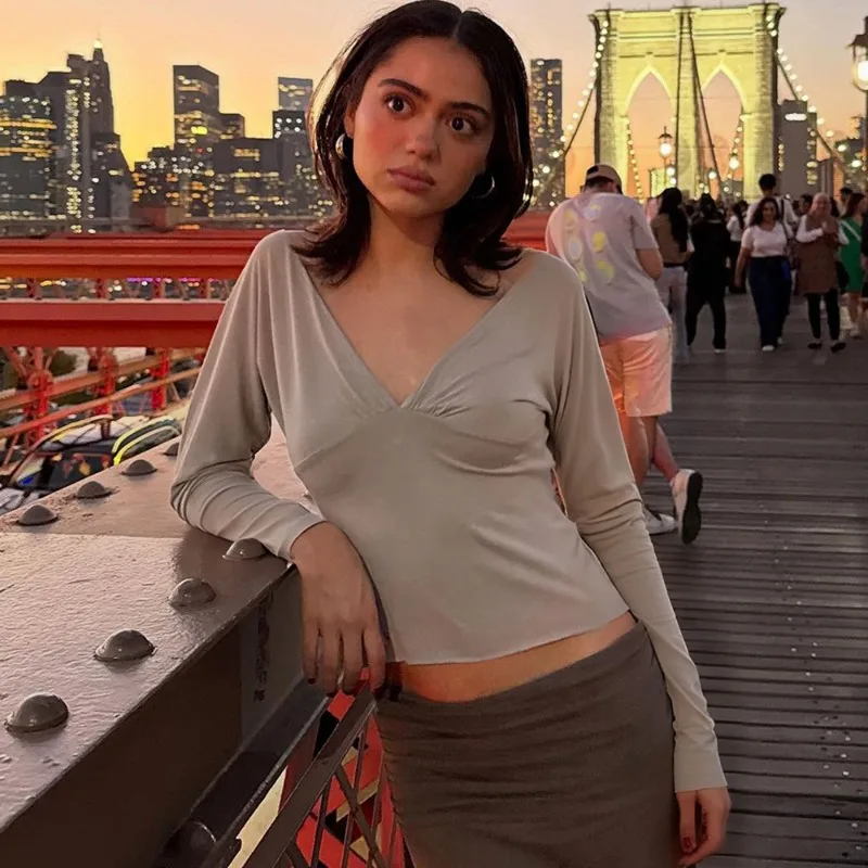 

Talenza Fashion V-Neck Top Women Solid Sexy Backless Lace-up Long Sleeve Tops Slim Streetwear Commuter Elegant Fall Female Tops