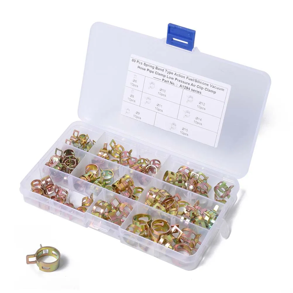

80pcs Hose Clamp Kit For Automotive Water Pipe Fuel Hose 6Mm 8Mm 9Mm 10Mm 11Mm 12Mm 14Mm 15Mm Spring Steel Tube Clips