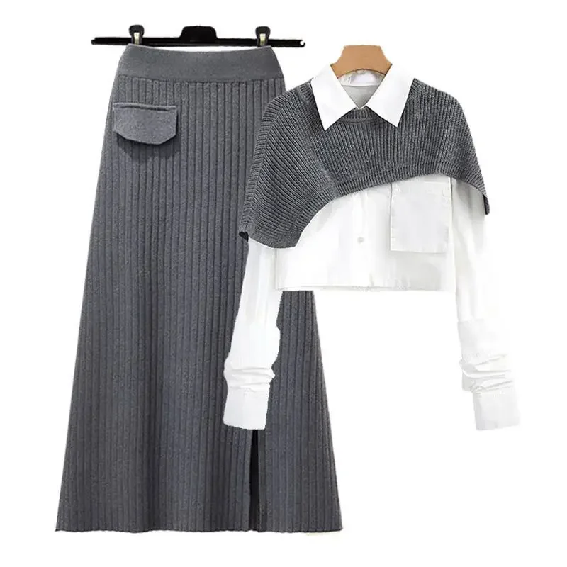 Women's Autumn Dress Sets Female Loose Knit Shawl+Long sleeve Shirt+High Waist Knitted Half Skirt Three Piece Set Korean Fashion