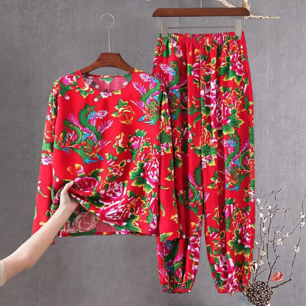 2 Pcs/Set Chinese Northeast Women T-shirt Pants Set Flower Print Long Sleeve Elastic Waist Ankle-banded Lady Top Trousers Set