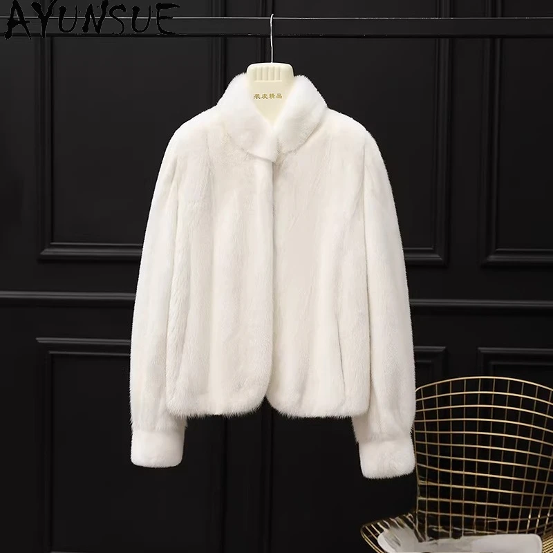 

Шуба женская AYUSNUE из натурального меха норки класса люкс, зимняя одежда, меховая шуба из натурального меха, с воротником-стойкой, новинка, цельная норковая шуба