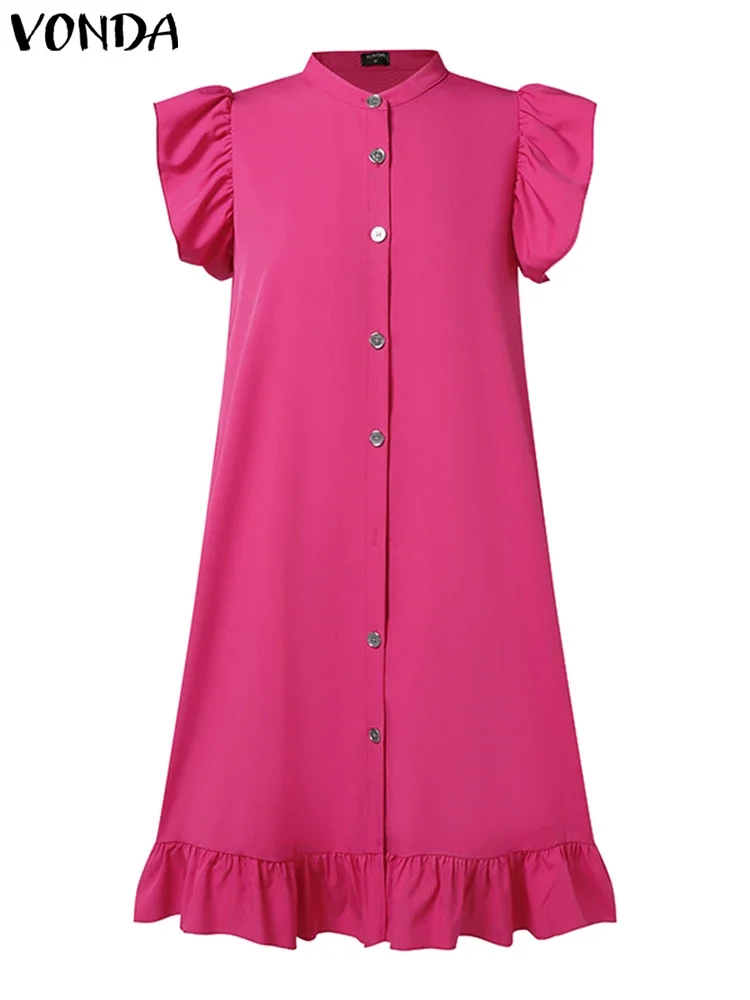 VONDA grande taille 5XL mode à volants Mini robe femmes élégant couleur unie robe 2024 décontracté boutons amples robe d'été robes de soirée