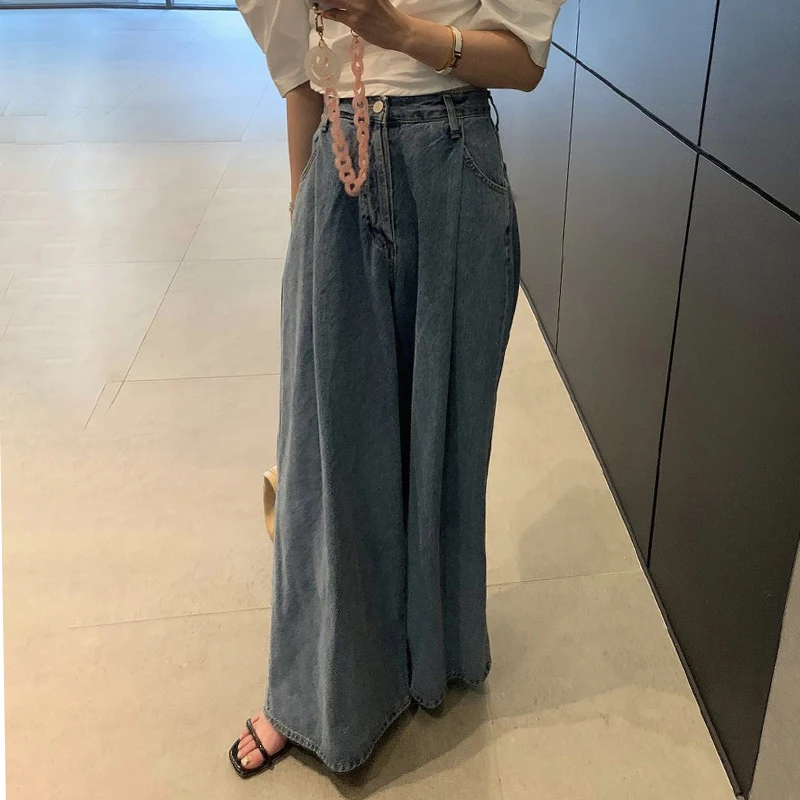 Plones Vaqueros Largos de Pierna Ancha, Hoados, Pados, con un Botón, de Cintura Alta, Estilo Vintage, para Mujer, Ve...