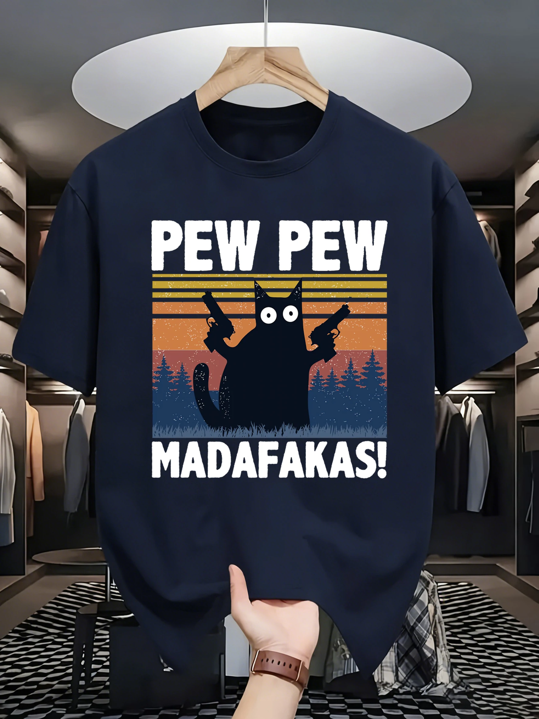 Pew Pew Madafakas A Cat Holding A Handgun Prints Daily Thin T-Shirt Man Summer Trendy Loose Clothes Cotton All-Match Sportswear