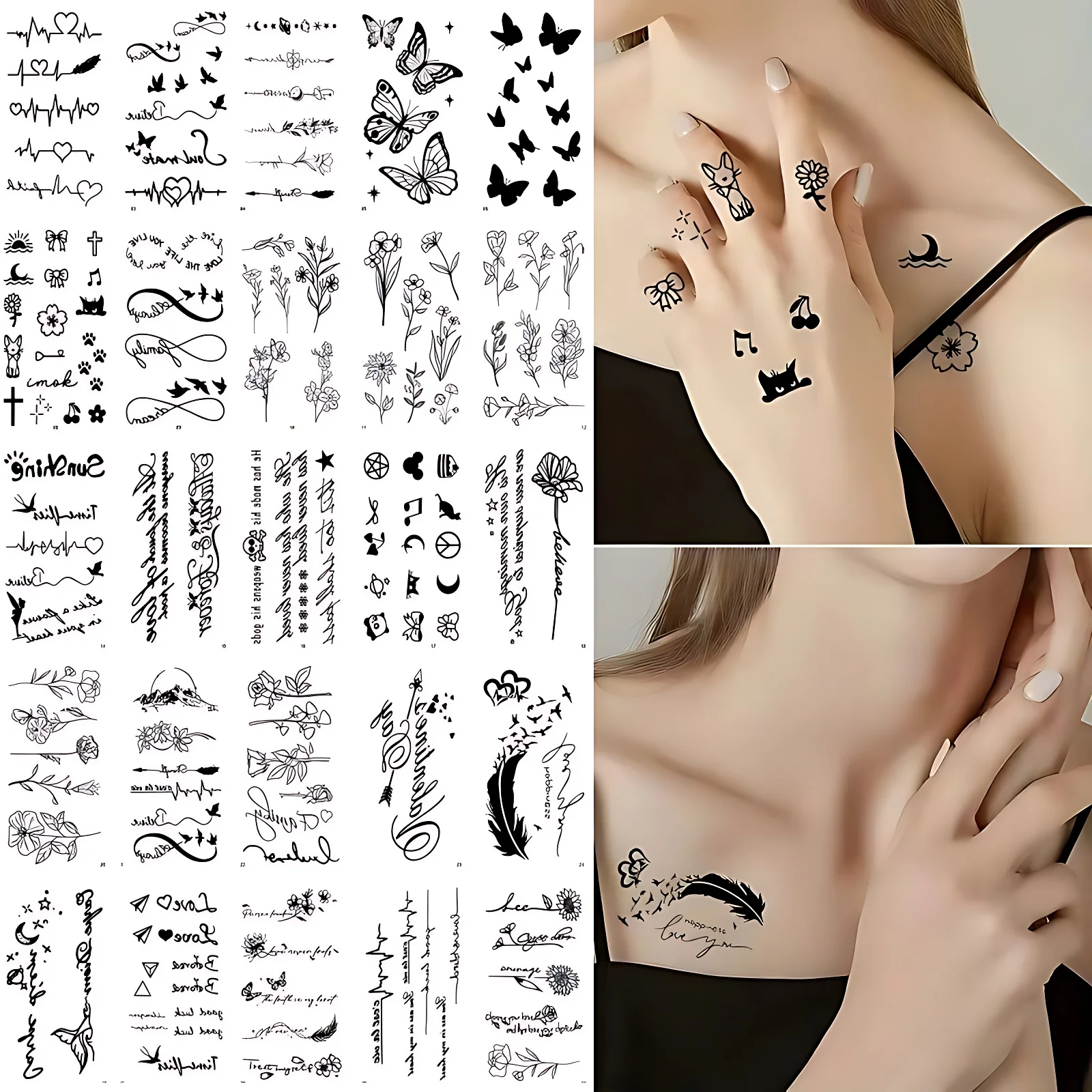 30pcs/lot Fake Tattoos Stickers Tiny Moon Cake Plain Flower Butterfly Tattoos Adhesive for Women Men Neck Arm tatuaje temporal