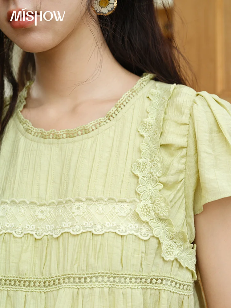 MISHOW Damesmode Ronde Hals Blouse 2025 Zomer Nieuwe Korte Mouw Paddestoel Rand Kant Decoratie Vrouwelijke Casual Top MXE39X1887