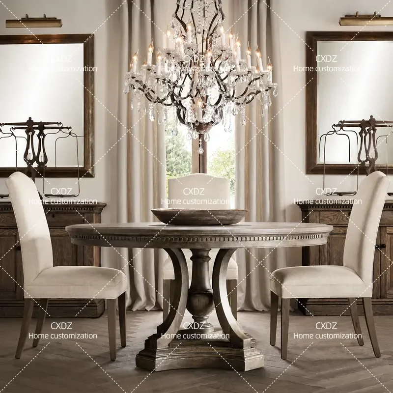 Rural Retro Solid Wood Round Dining Table and Chair Set Vintage Farmhouse Style Wooden Kitchen Furniture for Villa Home Decor