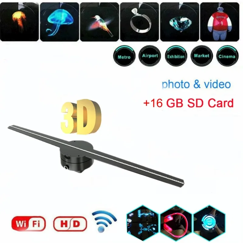 3D holographic advertisement showing photos and videos of light-emitting diode fans naked-eye LEDs fans