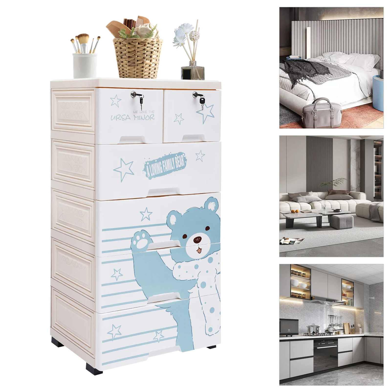 Plastic Drawers Dresser with Polar Bear Pattern 6 Drawers Storage Cabinet Plastic Storage Tower with Castors Home Organizer