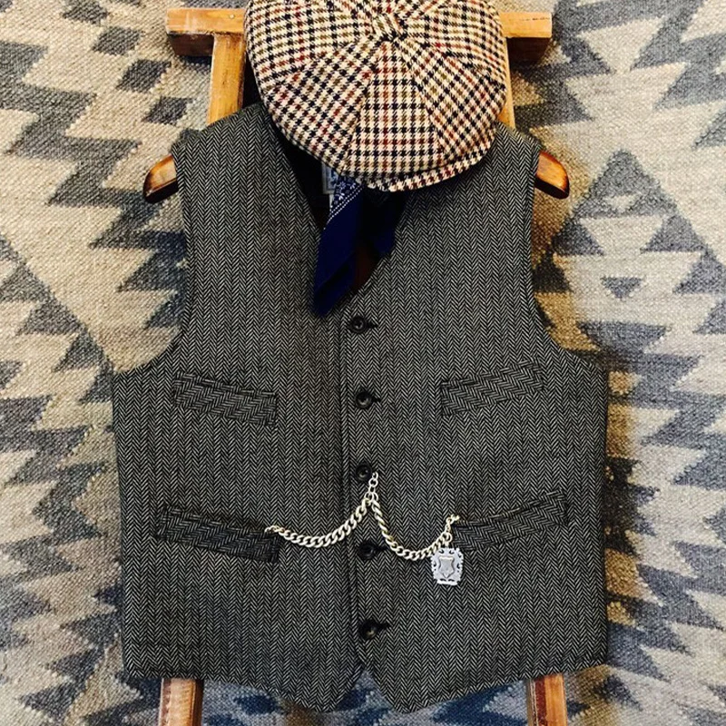 Gilet di lana a spina di pesce retrò britannico autunno e inverno Gilet da uomo slim in tweed Business Casual di grandi dimensioni alla moda