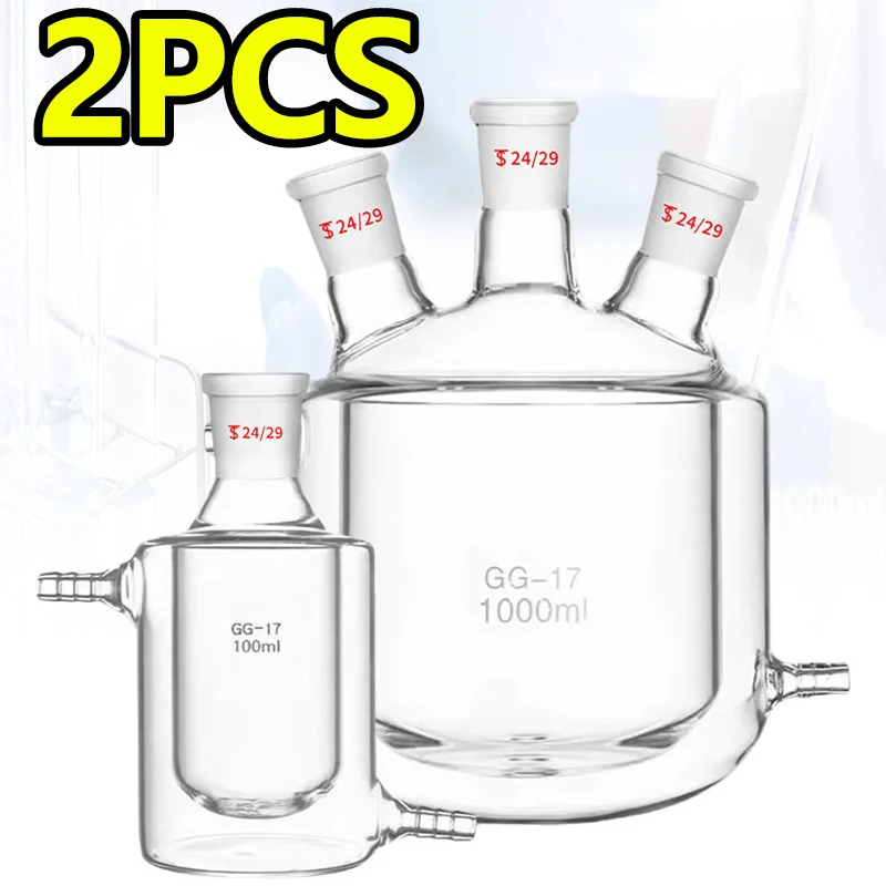 2 pieces three-neck jacketed reaction flask, double-layer glass flask, flat bottom/round bottom, high borosilicate glass