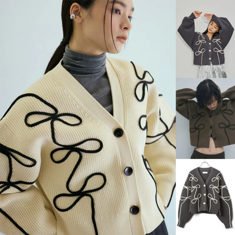 

Lotte Ins японский и корейский свободный тяжелый вязаный кардиган ручной работы с v-образным вырезом и цветочным принтом