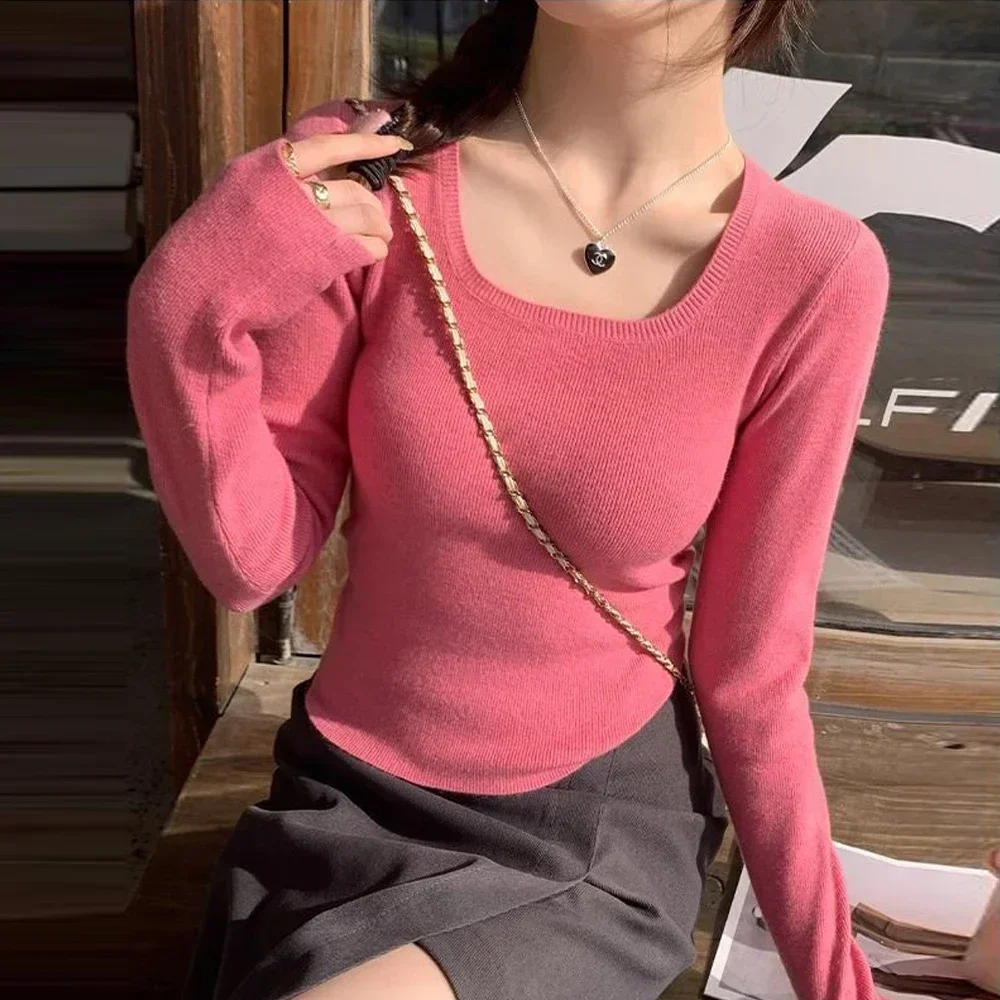 

Elegant Square Neck Slim Stretch Sweater T Shirt Girl Knitted Blouse Clothes Women S-XL Sexy Long Sleeve Shirt Tops A RAN A YUE