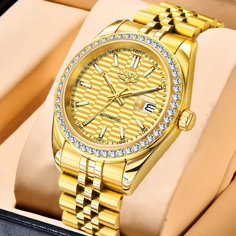

LIGE Luxury Automatic Watch 50M Waterproof Stainless Steel Men Mechanical Wristwatches Sports Diving Watch for Men Montre Homme