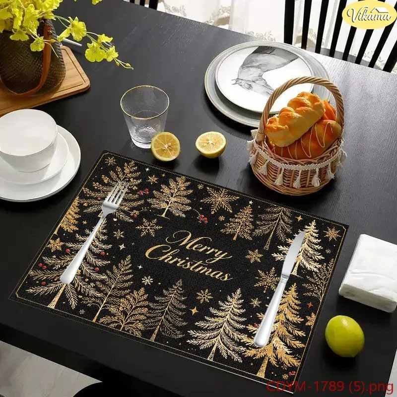 VIKAMA Christmas Placemats Black Gold Peacock Feather Pinecone Holly Merry Christmas Washable Mat Winter Kitchen Decor