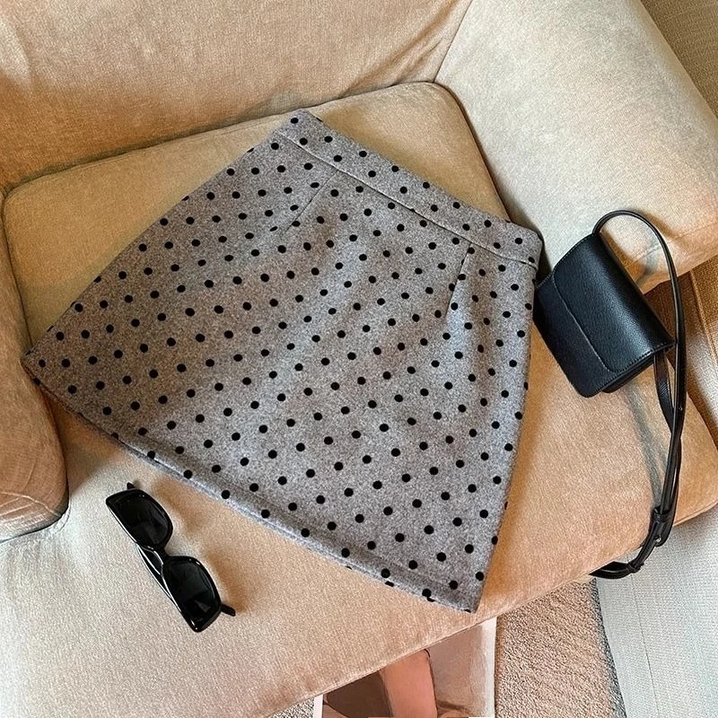 

Woolen Skirts Women Polka Dot A-line Autumn Winter Sweet Mini Skirt Korean Fashion High Waist Chic Faldas Mujer