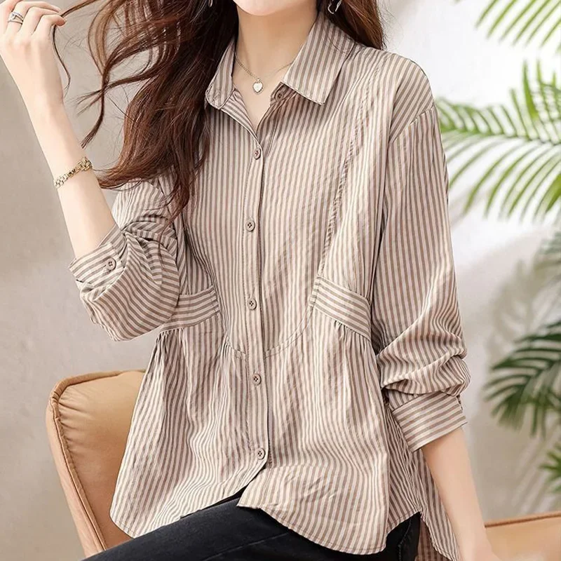 Large Size Striped Long Sleeved Printed Shirt for Women\'s Spring Autumn New Stylish Loose Slimming Belly Covering Versatile Top