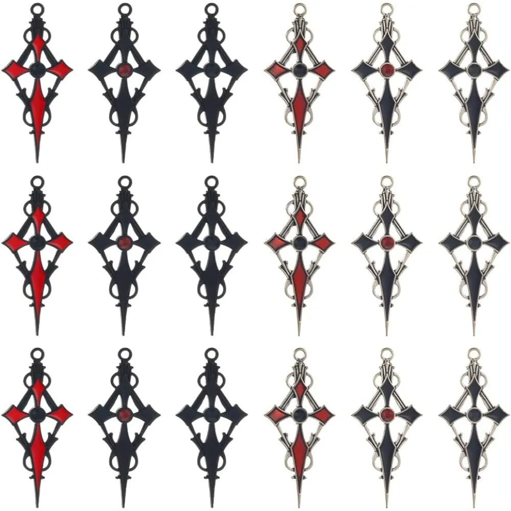 

24Pcs 6 Color Gothic Cross Charms Bulk Halloween Red Black Rosary Silver Alloy Rhinestone Enamel Crosses Charm for Jewelry kit