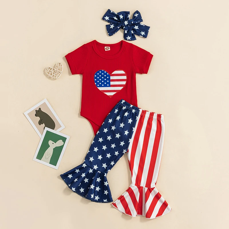 Infant s 4-Piece Outfit Set Patriotic American Flag Print Bodysuit Shorts Headband Sandals for 4th of July Independence