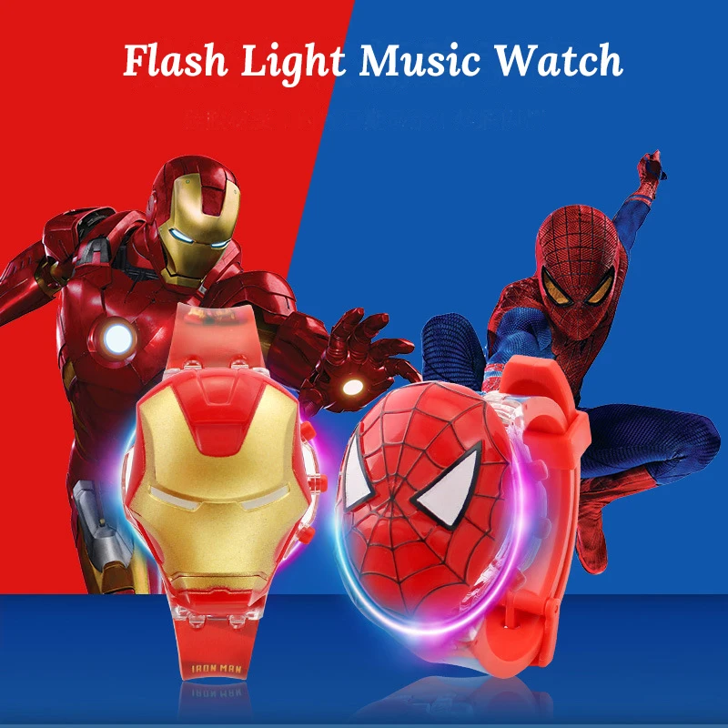 새로운 플래시 라이트 스파이더맨 어린이 시계 소년용 히어로 캡틴 아이언맨 키즈 시계 소리 기능 디지털 시계 장난감 선물