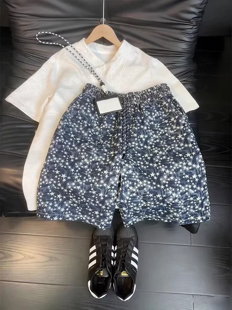 

American Style Tie Dye Print Star Denim Shorts Men's Summer Clean Fit Washed Four Five Split Pants Straight Leg mid Low Waist