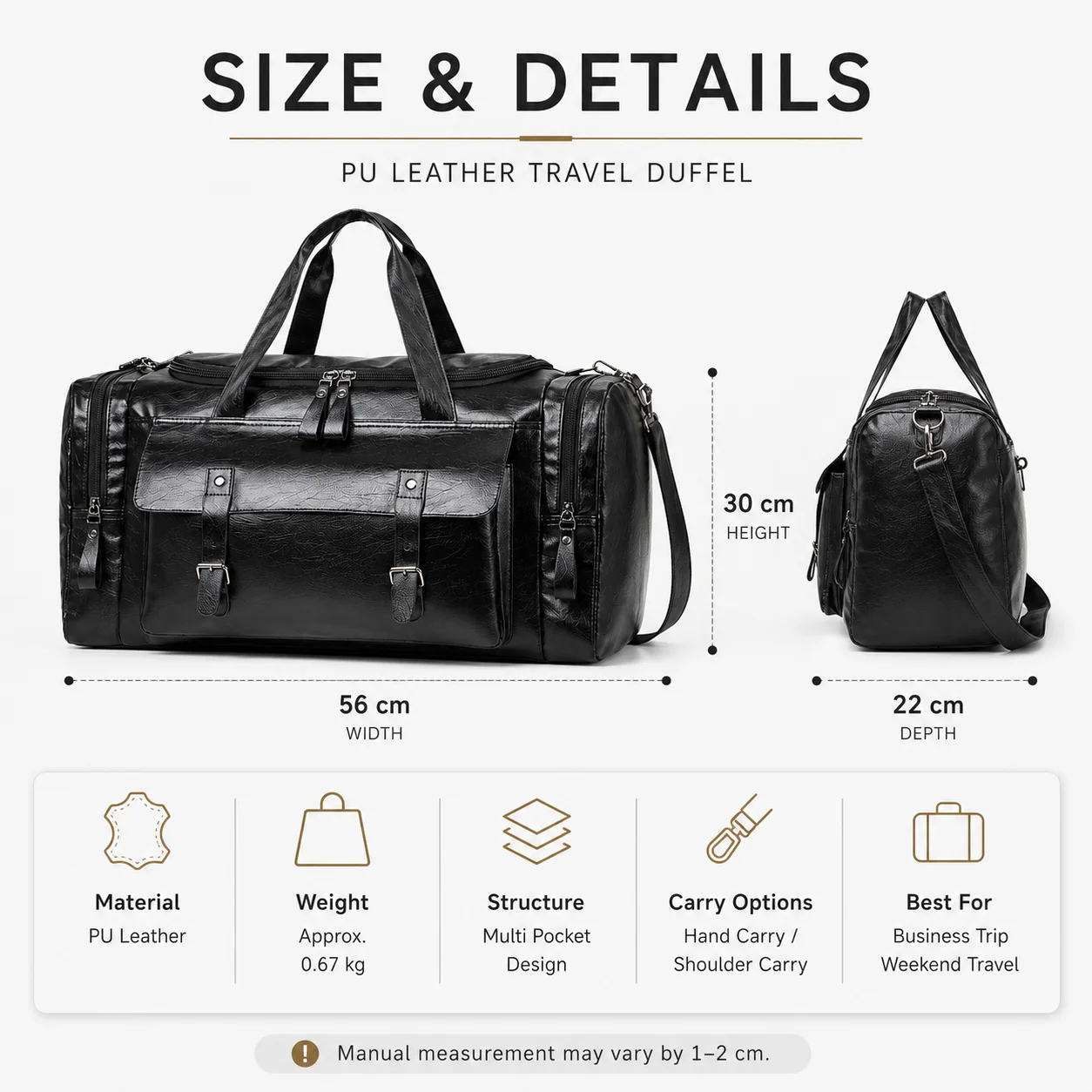 Mens Large Travel Bag PU Leather Business Luggage Handbag Shoulder Bag Carry On Weekend Trip Casual Travel Tote Bag Black