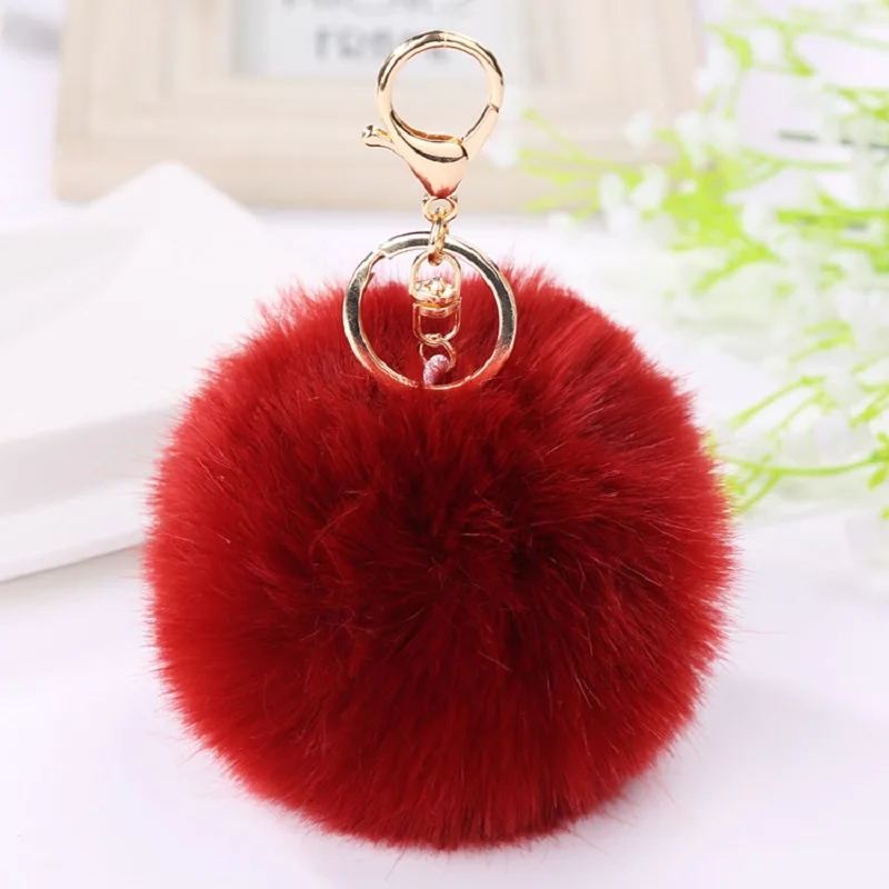 Women Car Key Pendant Faux Rabbit Fur Solid Color Keychain Girl Cute Plush Ball Bag Charm Ornament Soft KeyRing Fluffy Puff Ball