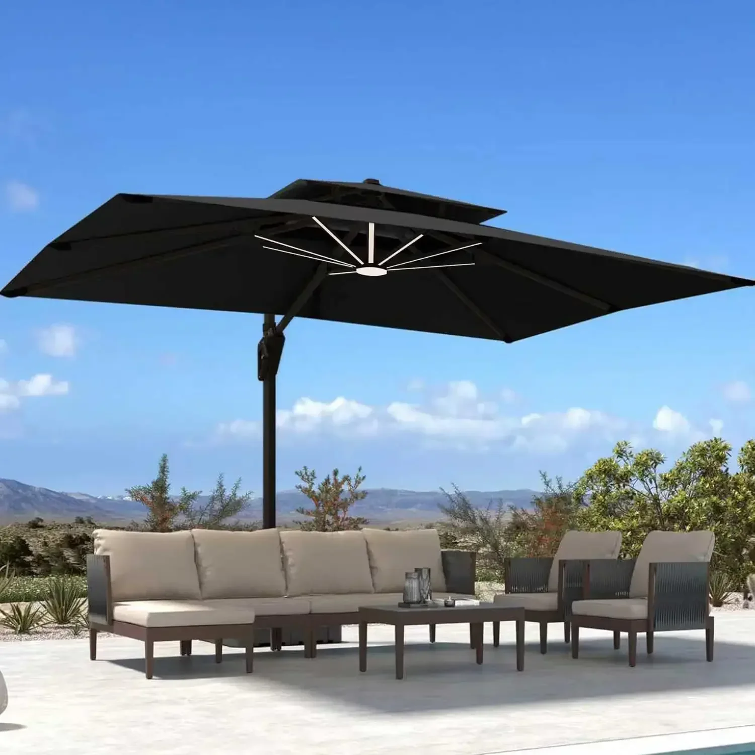 10' X 13' Patio Umbrella with LED Lights Outdoor Cantilever Large Rectangle Offset Umbrellas Heavy Duty Aluminum Double Top with