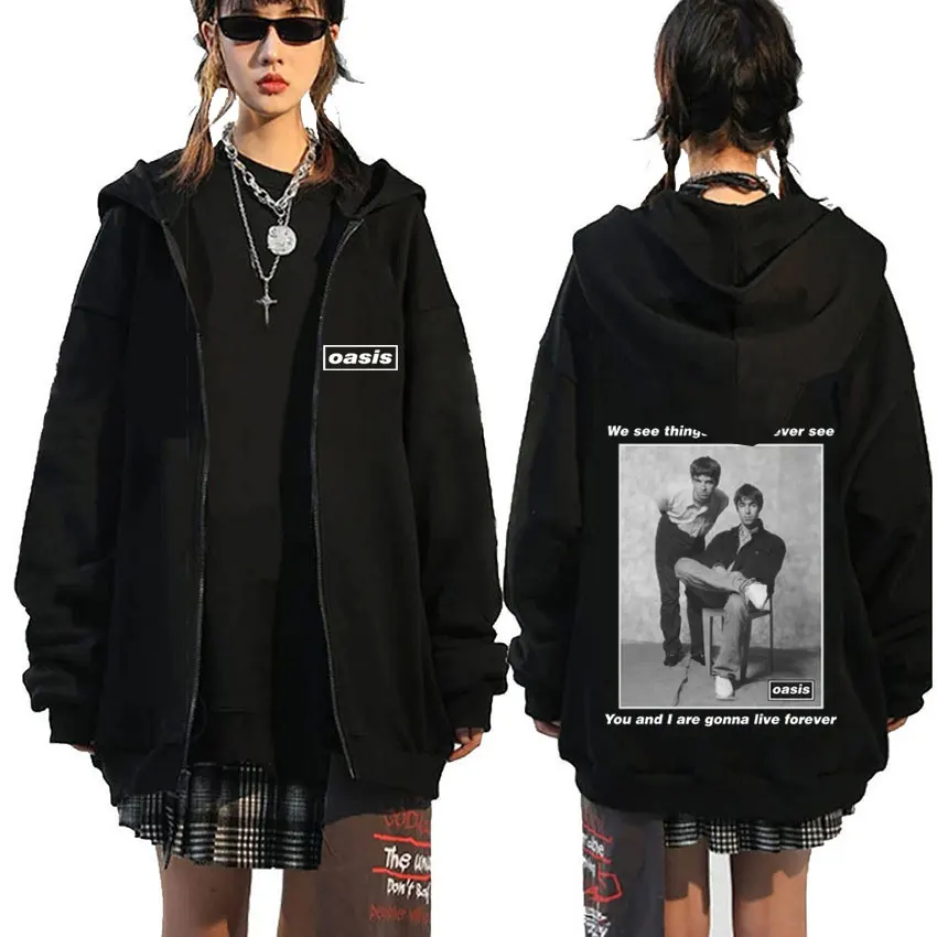 

Rock Band O-Oasis We See Things They'll Never See You and I Are Gonna Live Forever Zipper Hoodie Men Women Casual Zip Up