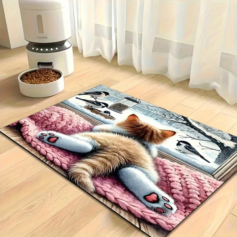 2D Flat Cat Watching Birds Window Pink Blanket Flannel Area Rug Non Slip Cute Pet Carpet For Living Room Bedroom Floor